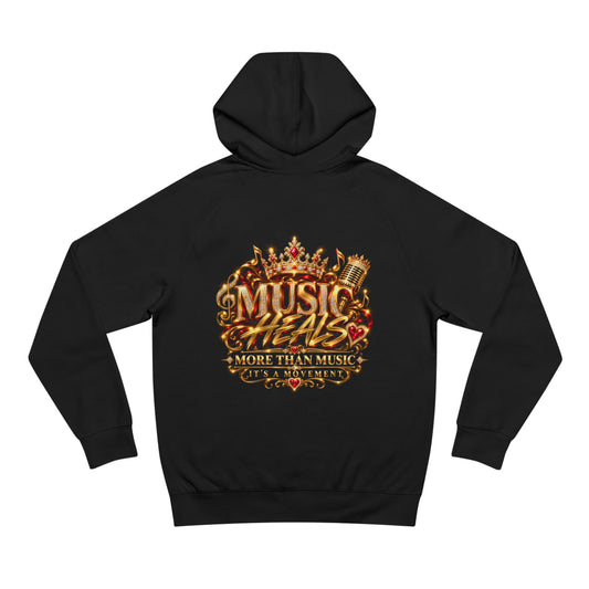 A black pullover hoodie shown flat against a white background, featuring a large graphic print on the back-side with the words 'MUSIC HEADS MORE THAN MUSIC IT'S A MOVEMENT' in ornate gold and red lettering with a crown and microphone illustration.
