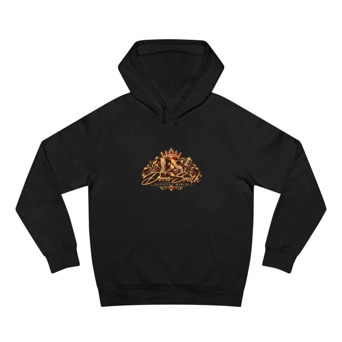 Black hoodie with red and gold graphic art on a white background