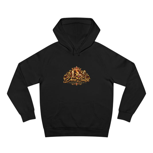 Black hoodie with red and gold graphic art on a white background